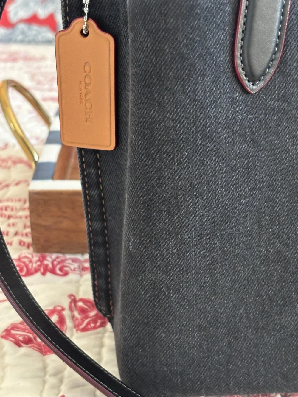 Authentic COACH Black Denim Willow Tote w Blk/Red Trimmed Leather